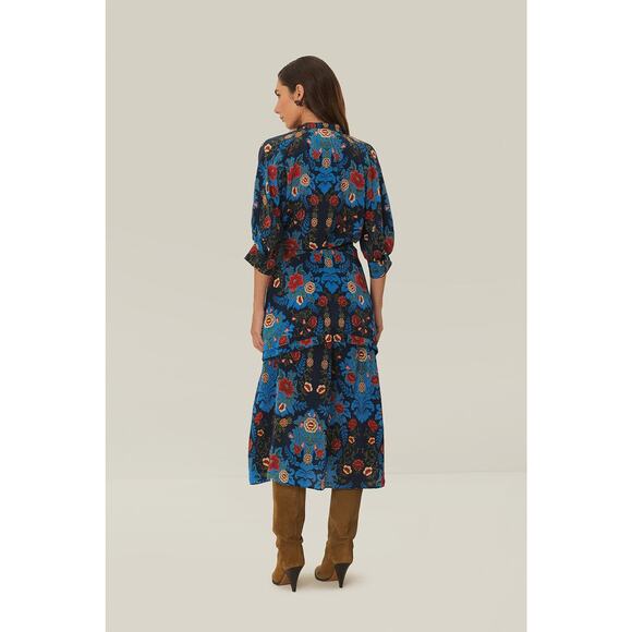 $298 NWT FARM RIO Blue & Red Arabesque Floral Midi Dress –  Medium - Picture 10 of 13